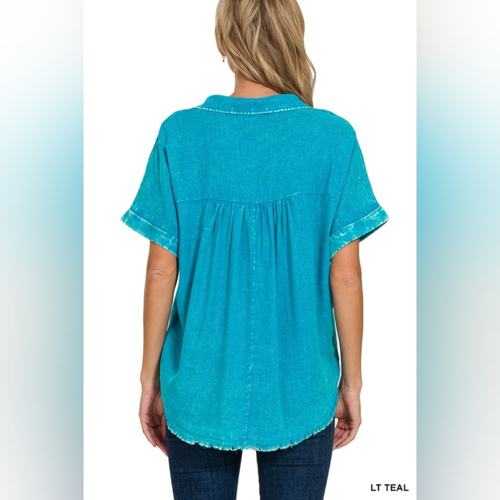 NWT - Washed Linen Blend Raw Edge V-Neck Light Teal Shirt - Size M